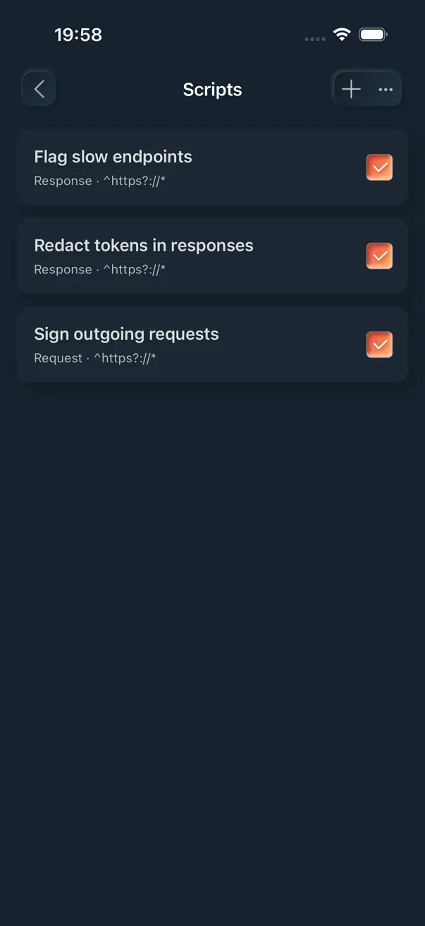 NetPeek scripts screen listing JavaScript request and response hooks
