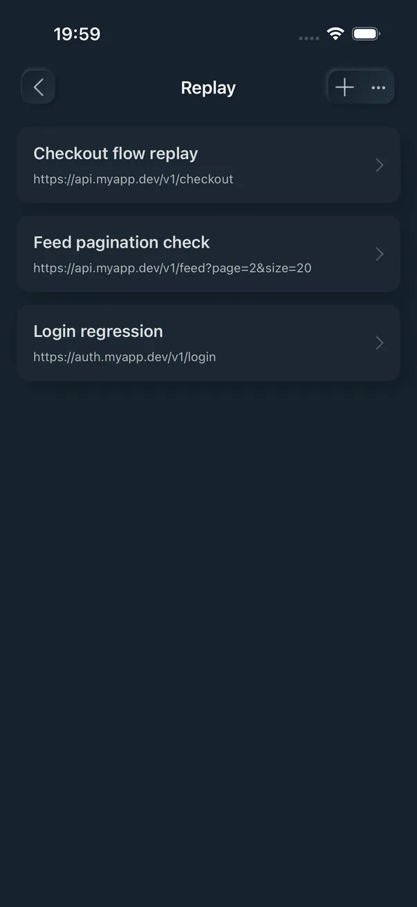 NetPeek replay screen listing saved request templates ready to resend